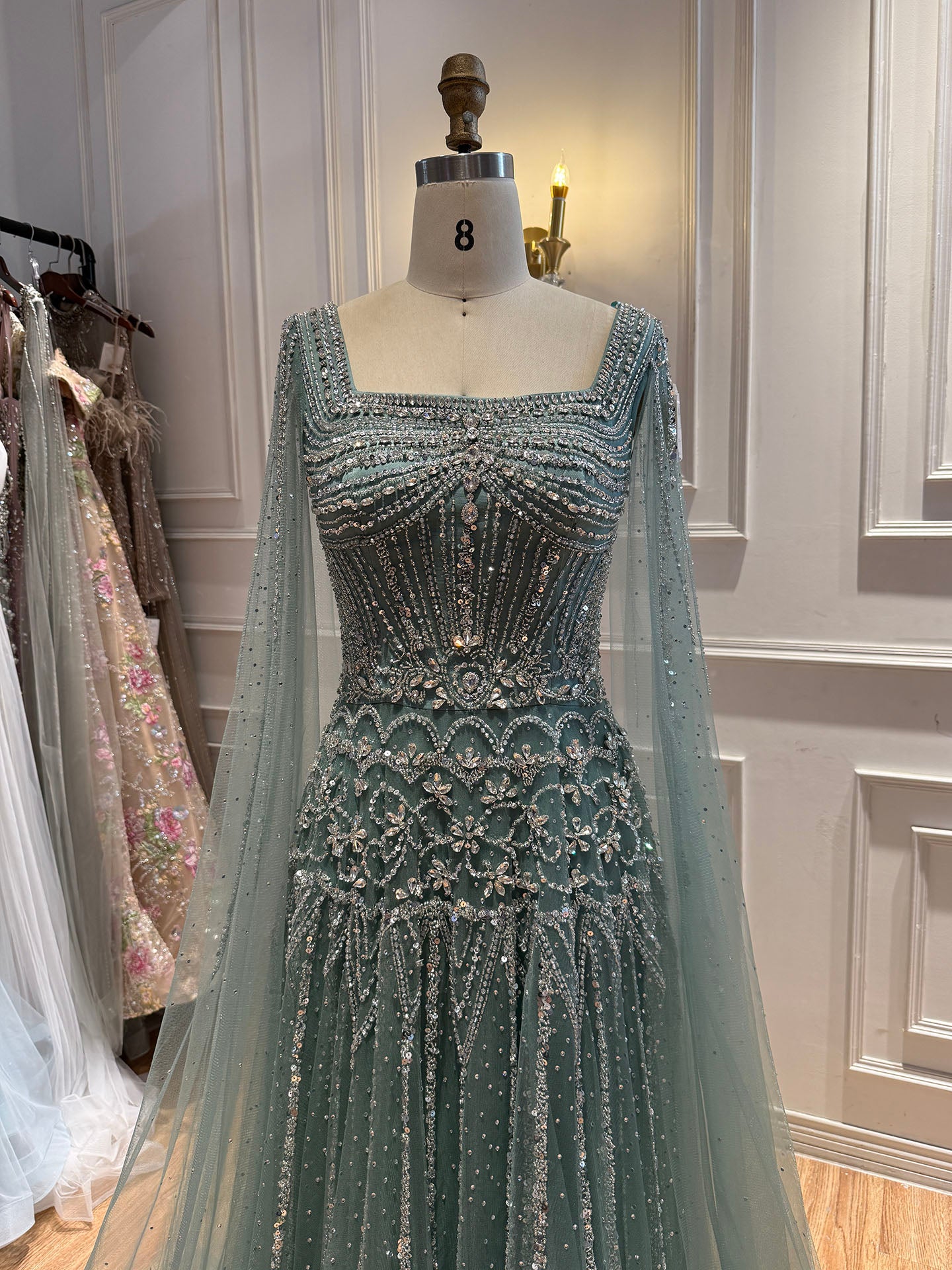 Luxury Pink Crystal Beaded Cape Sleeves A Line Evening Dress LA73089C SERENE HILL