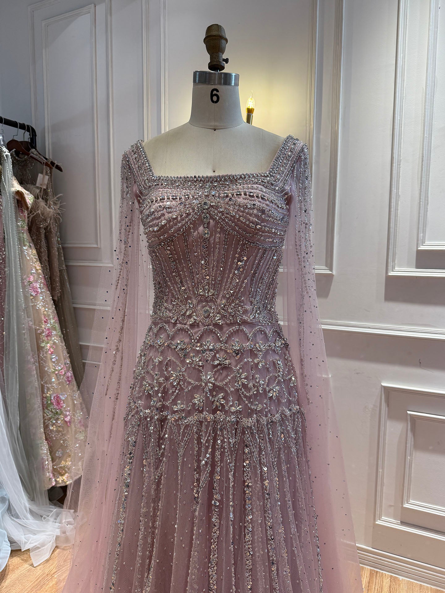 Luxury Pink Crystal Beaded Cape Sleeves A Line Evening Dress LA73089C SERENE HILL
