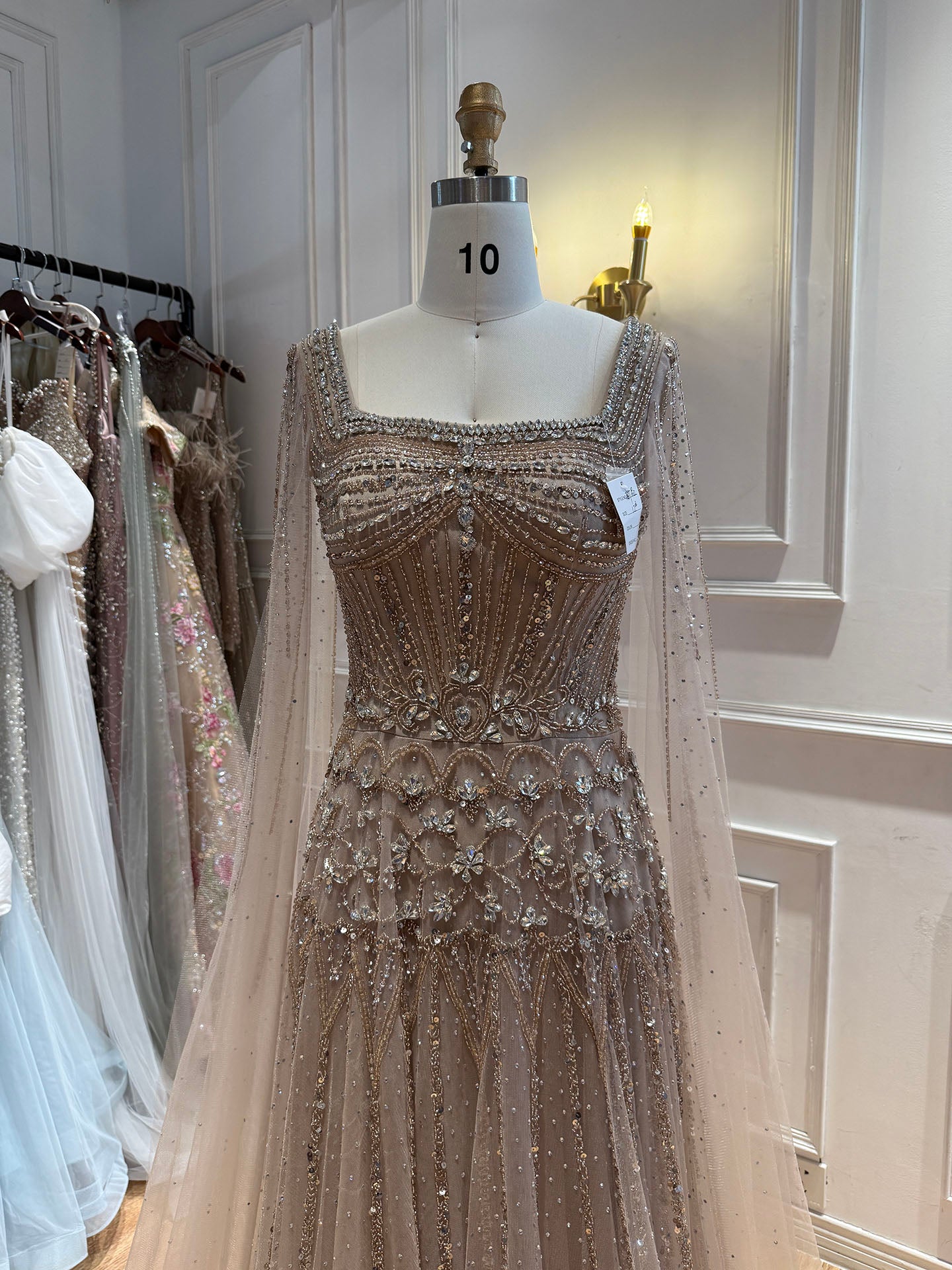 Luxury Pink Crystal Beaded Cape Sleeves A Line Evening Dress LA73089C SERENE HILL