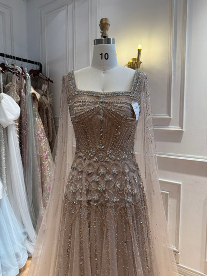 Luxury Pink Crystal Beaded Cape Sleeves A Line Evening Dress LA73089C SERENE HILL