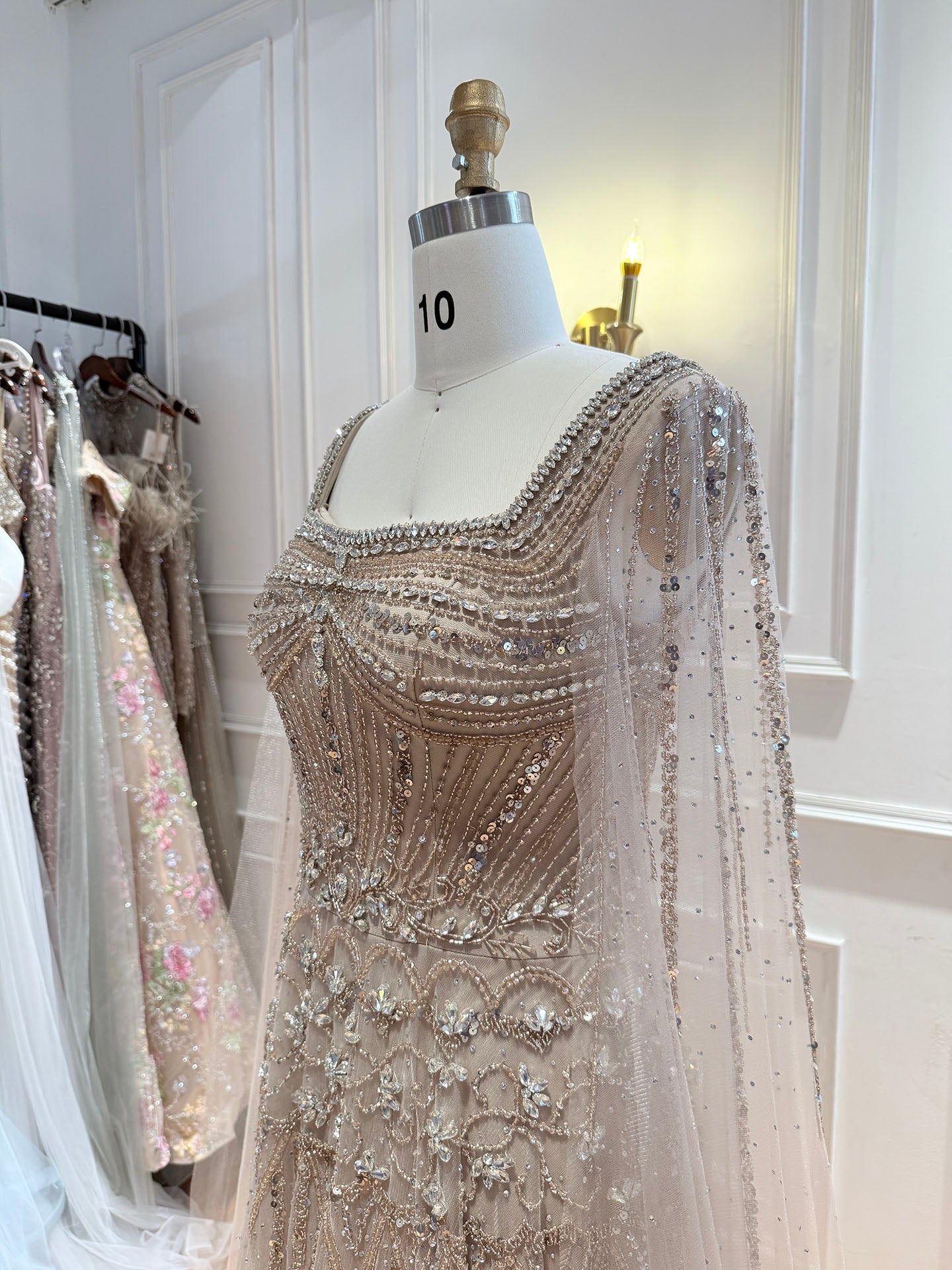 Luxury Pink Crystal Beaded Cape Sleeves A Line Evening Dress LA73089C SERENE HILL