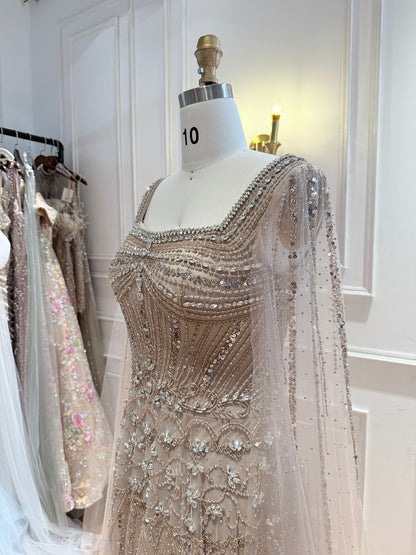 Luxury Pink Crystal Beaded Cape Sleeves A Line Evening Dress LA73089C SERENE HILL