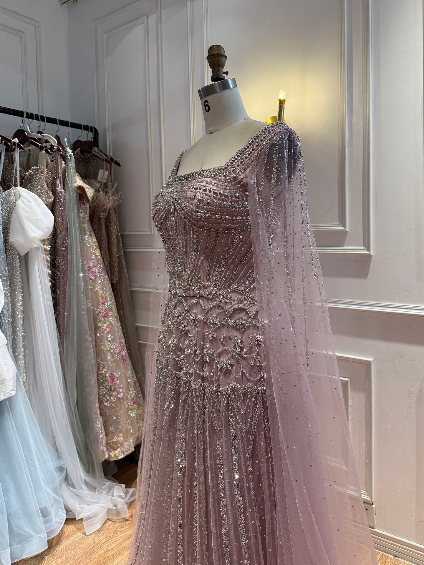 Luxury Pink Crystal Beaded Cape Sleeves A Line Evening Dress LA73089C SERENE HILL