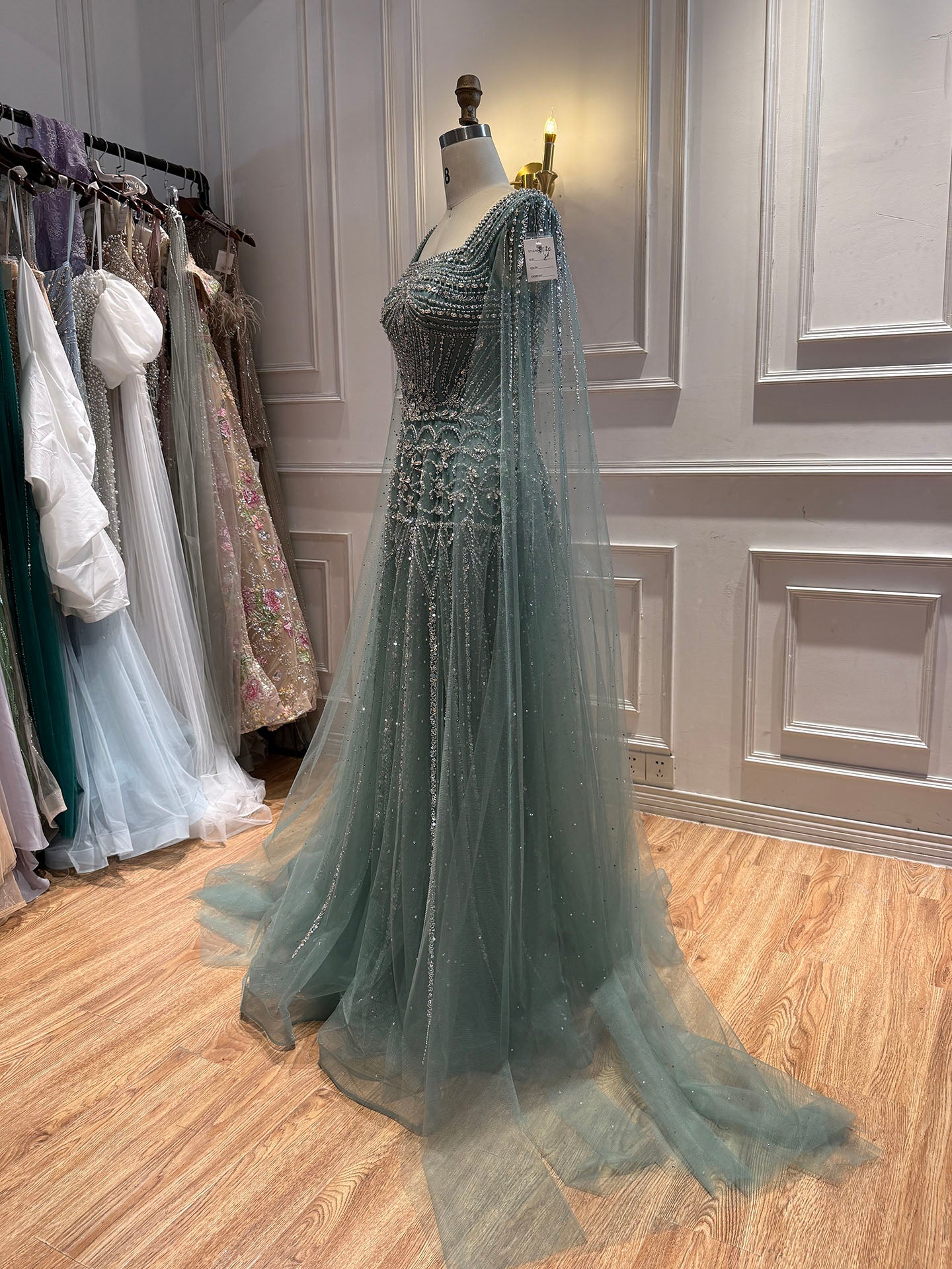 Luxury Pink Crystal Beaded Cape Sleeves A Line Evening Dress LA73089C SERENE HILL
