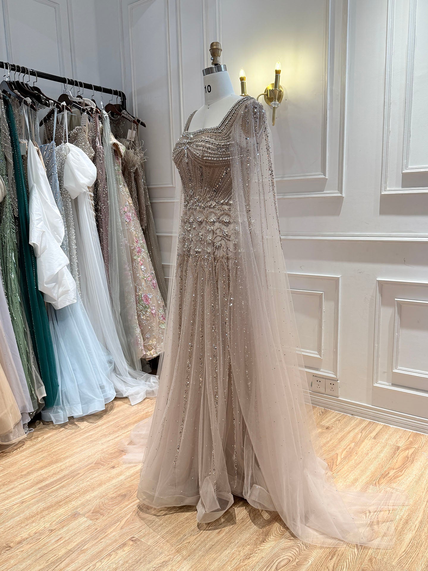 Luxury Pink Crystal Beaded Cape Sleeves A Line Evening Dress LA73089C SERENE HILL