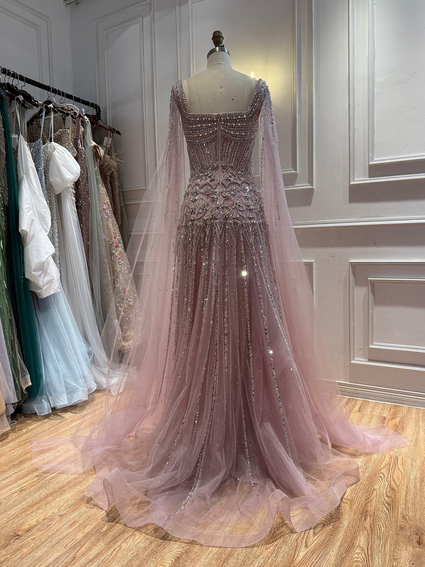 Luxury Pink Crystal Beaded Cape Sleeves A Line Evening Dress LA73089C SERENE HILL