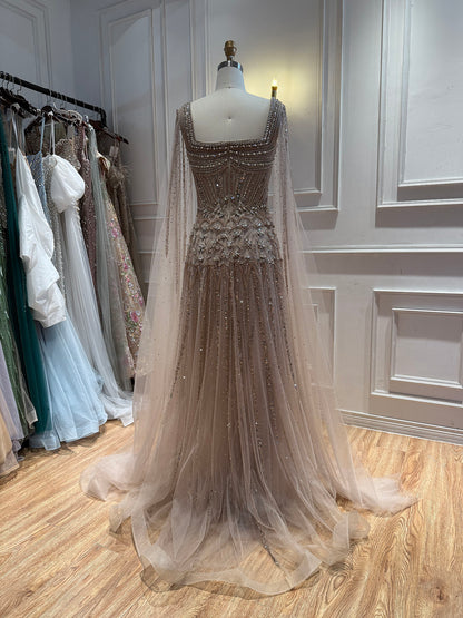 Luxury Pink Crystal Beaded Cape Sleeves A Line Evening Dress LA73089C SERENE HILL