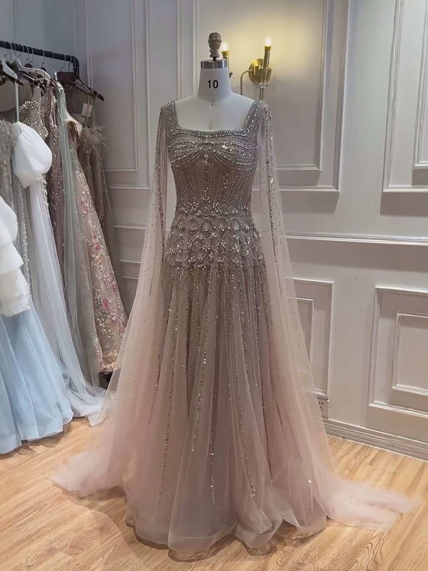 Luxury Pink Crystal Beaded Cape Sleeves A Line Evening Dress LA73089C SERENE HILL