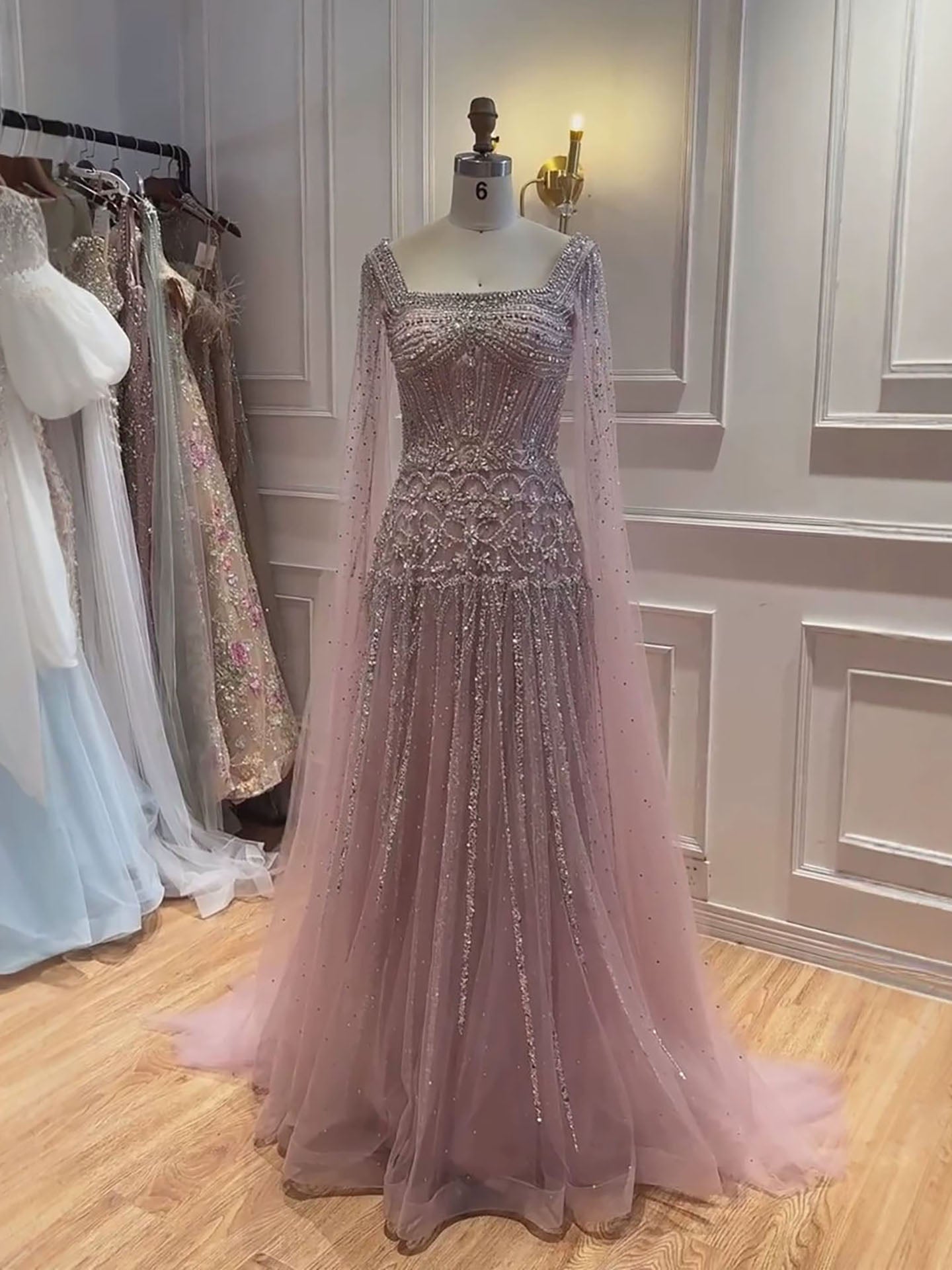 Luxury Pink Crystal Beaded Cape Sleeves A Line Evening Dress LA73089C SERENE HILL