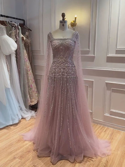 Luxury Pink Crystal Beaded Cape Sleeves A Line Evening Dress LA73089C SERENE HILL