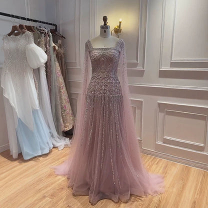 Luxury Pink Crystal Beaded Cape Sleeves A Line Evening Dress LA73089C SERENE HILL