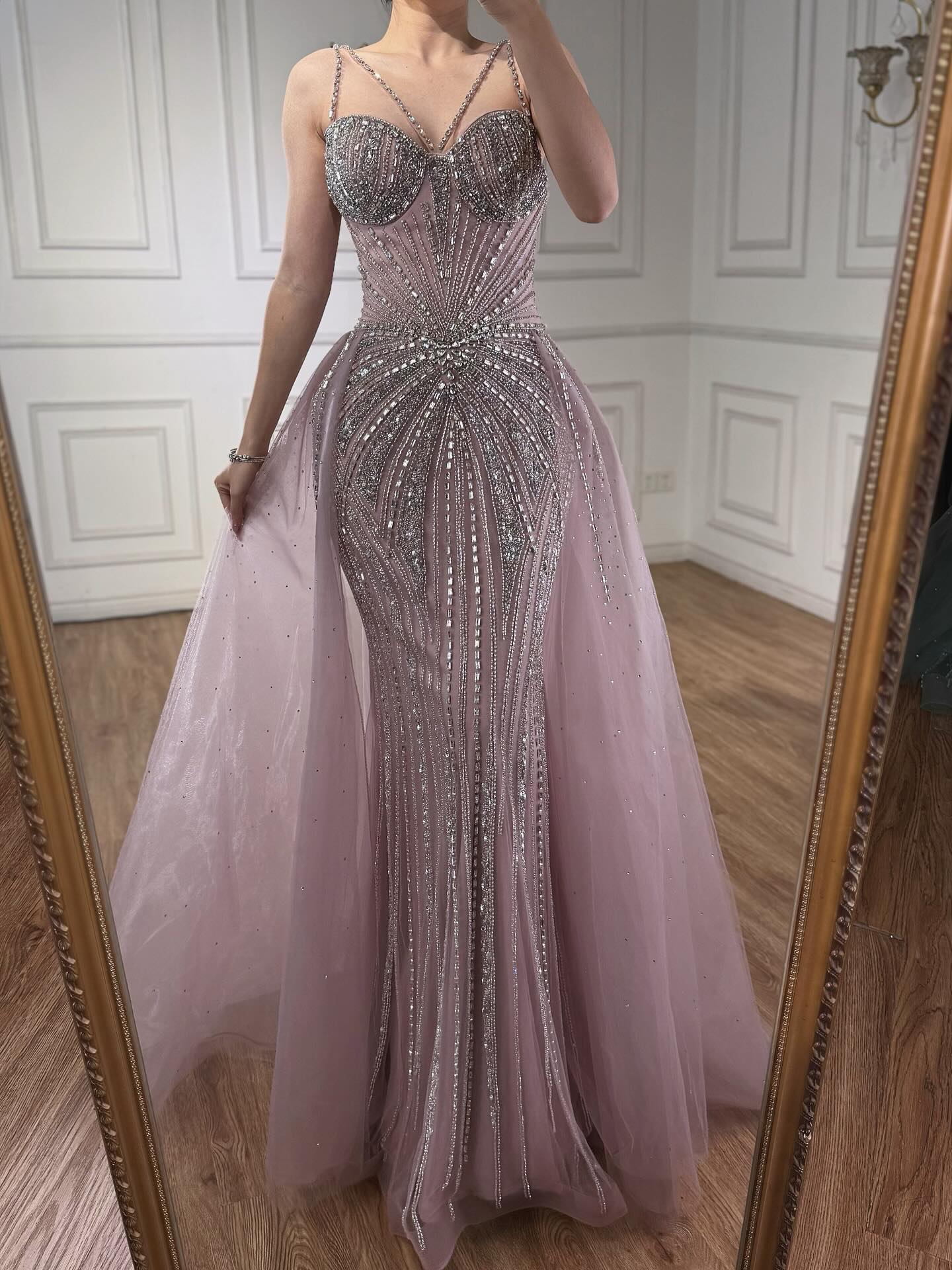 Luxury Nude Spaghetti Strap Mermaid Evening Dress with Overskirt Beaded LA73090 SERENE HILL