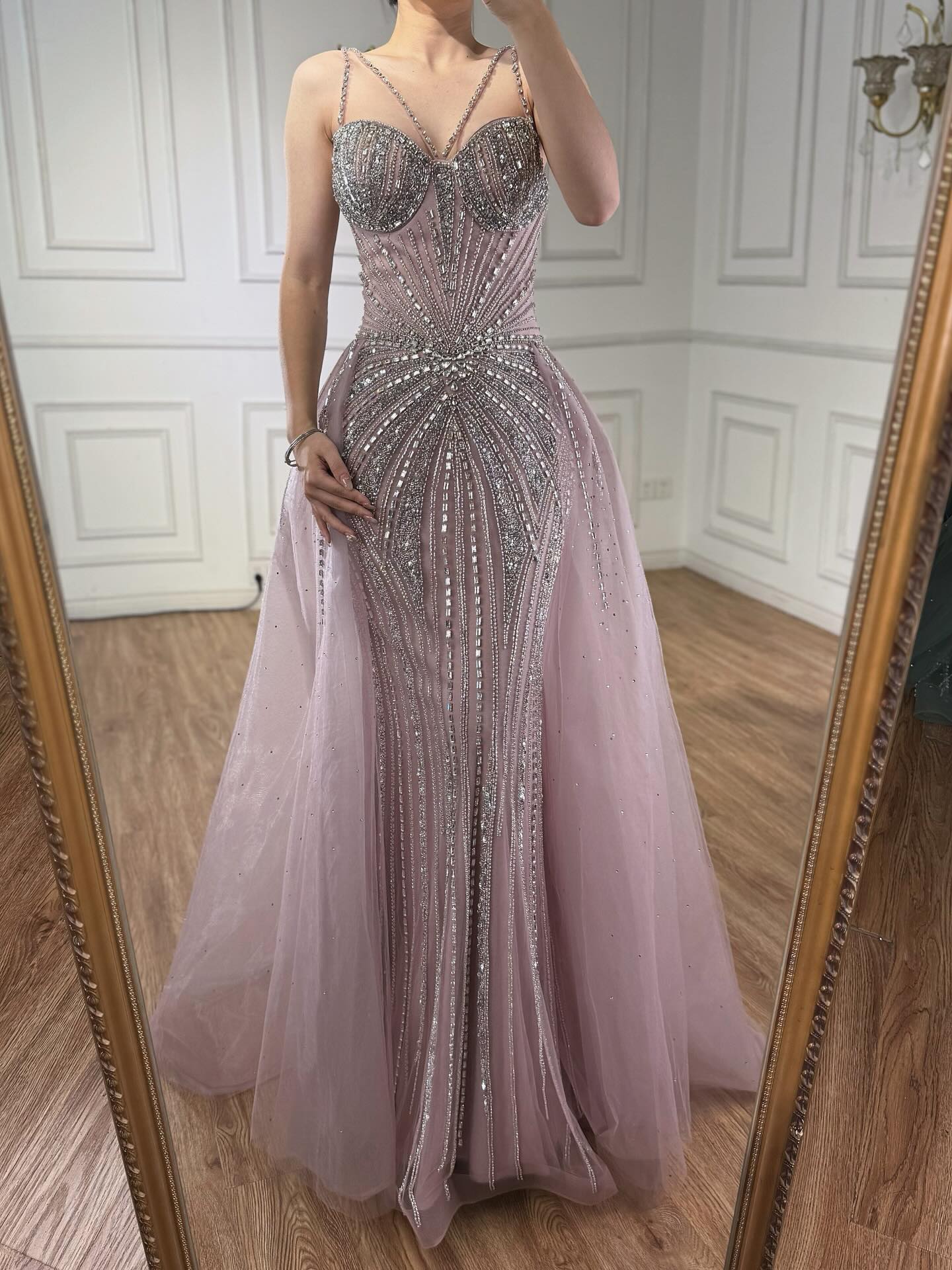 Luxury Nude Spaghetti Strap Mermaid Evening Dress with Overskirt Beaded LA73090 SERENE HILL