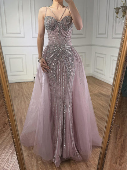 Luxury Nude Spaghetti Strap Mermaid Evening Dress with Overskirt Beaded LA73090 SERENE HILL