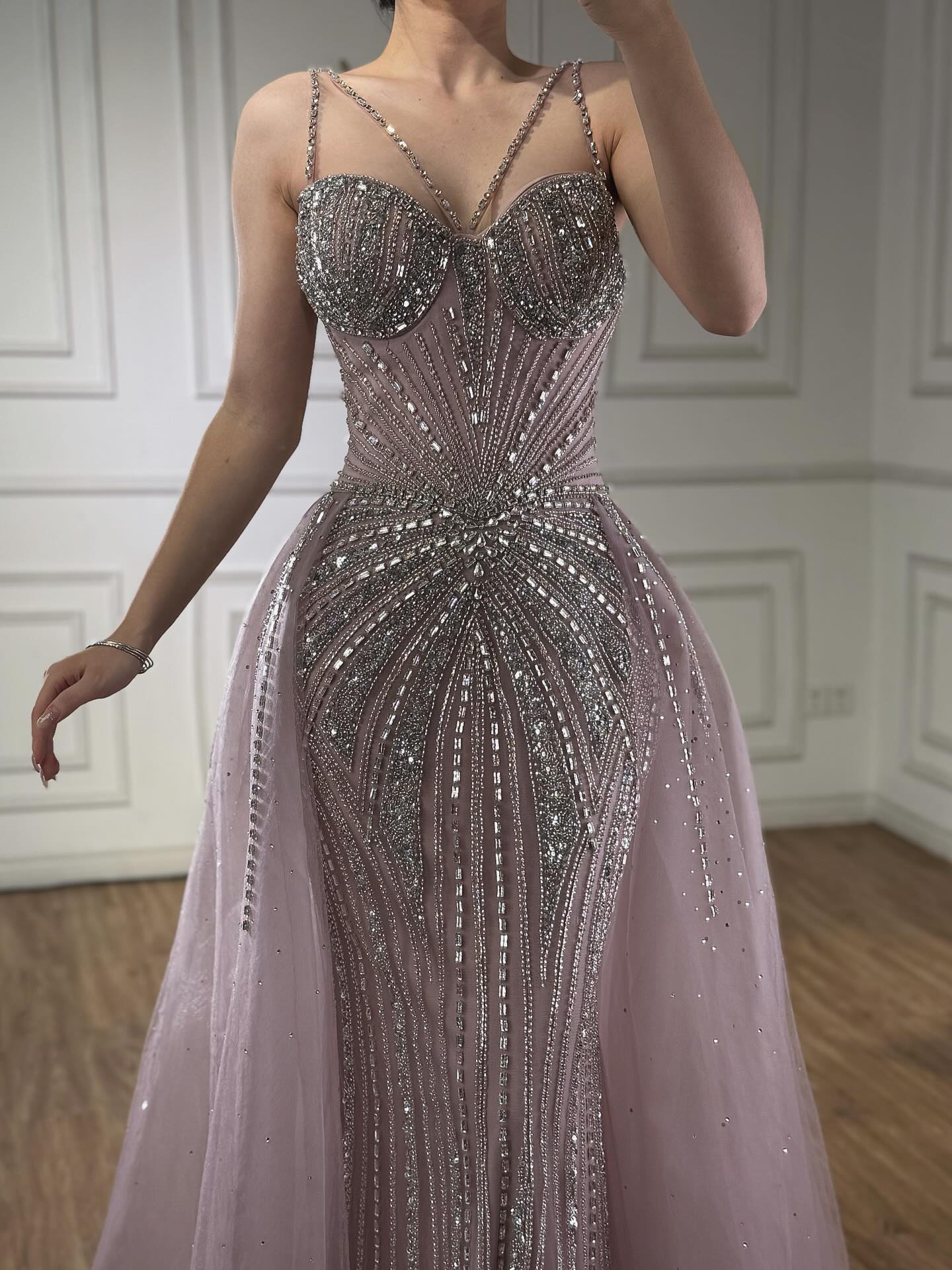 Luxury Nude Spaghetti Strap Mermaid Evening Dress with Overskirt Beaded LA73090 SERENE HILL