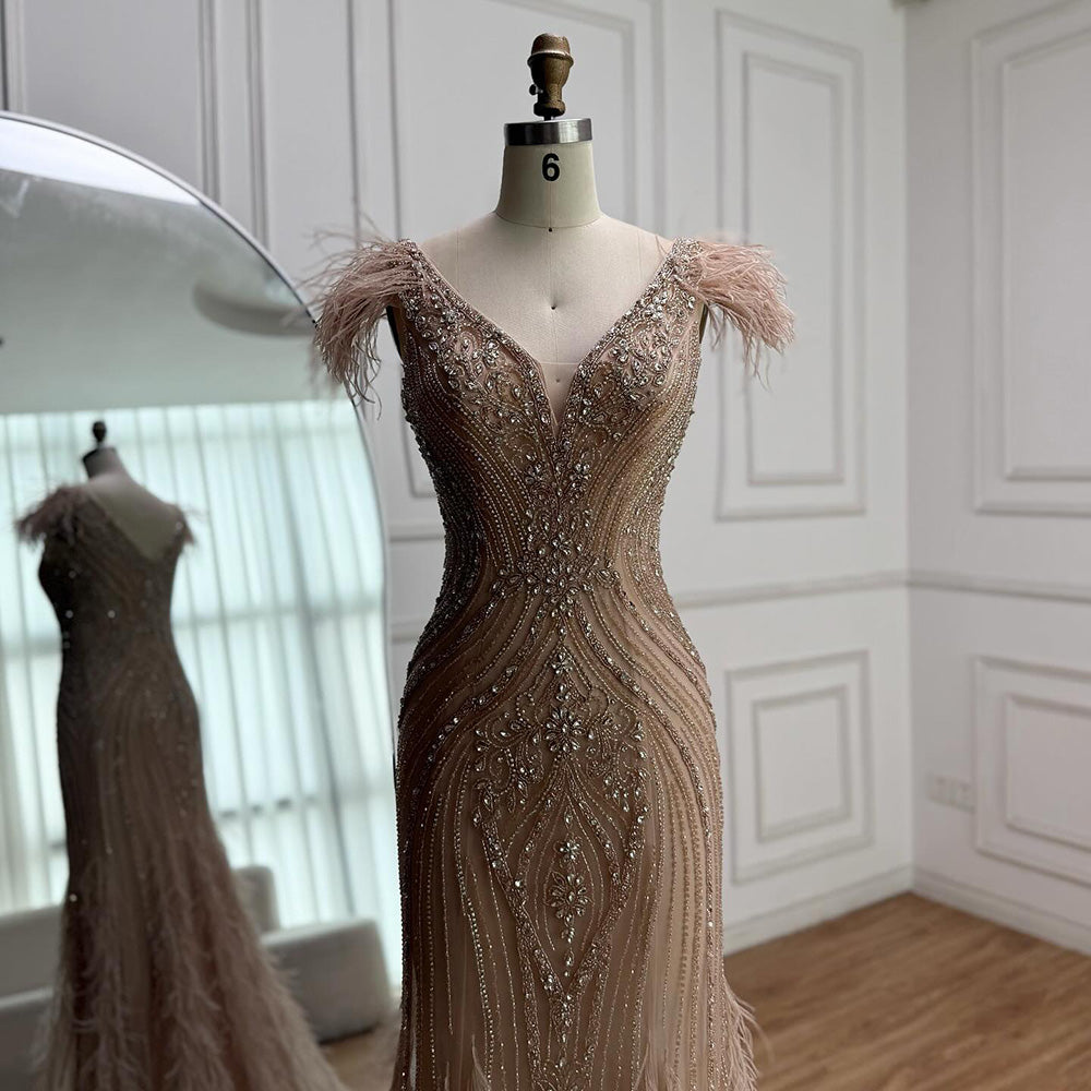 Luxury Designer  Pink Feather Beaded  Mermaid Evening Dress LA73098 SERENE HILL