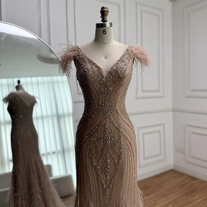 Luxury Designer  Pink Feather Beaded  Mermaid Evening Dress LA73098 SERENE HILL