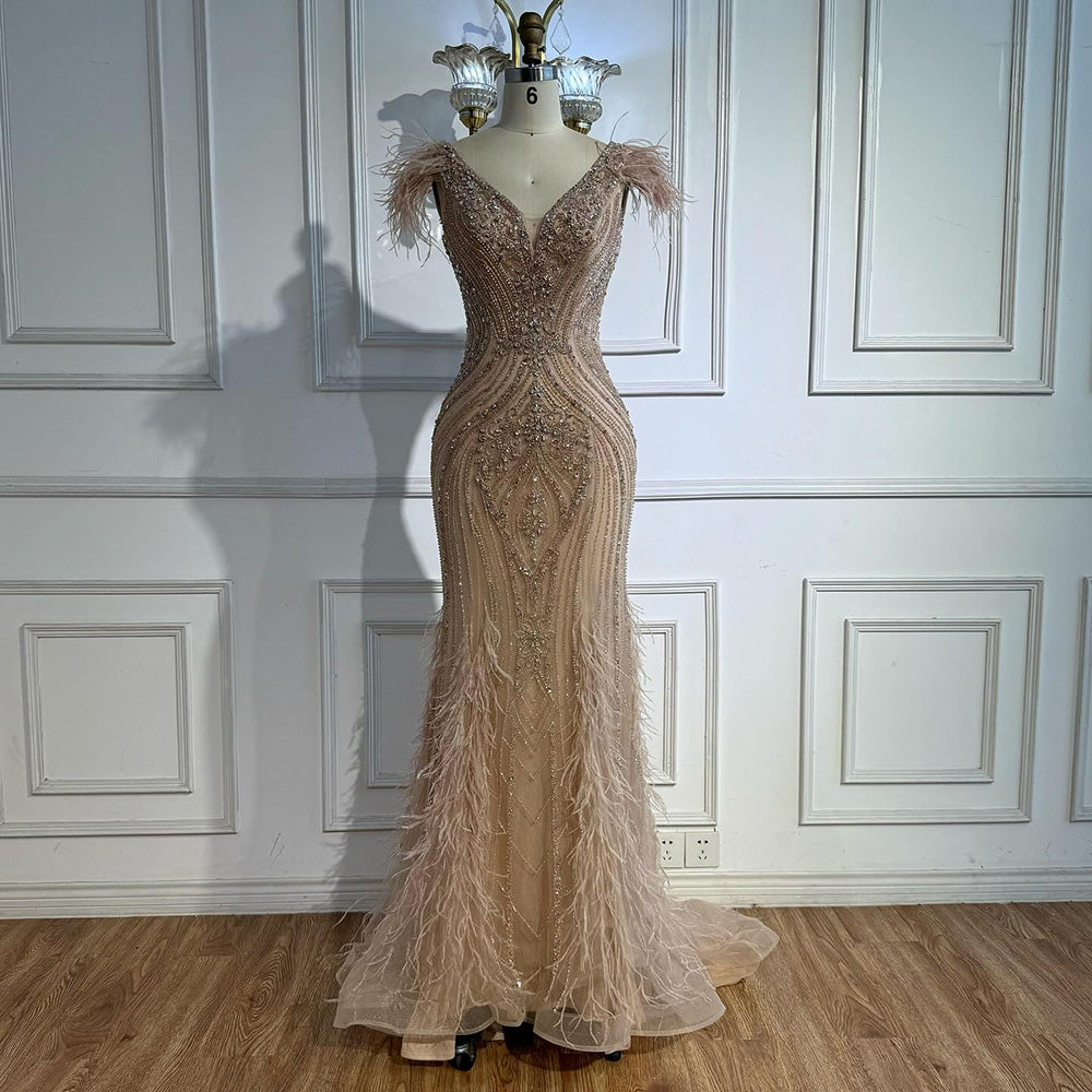 Luxury Designer  Pink Feather Beaded  Mermaid Evening Dress LA73098 SERENE HILL