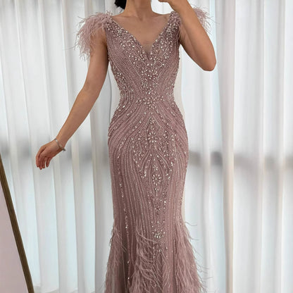 Luxury Designer  Pink Feather Beaded  Mermaid Evening Dress LA73098 SERENE HILL