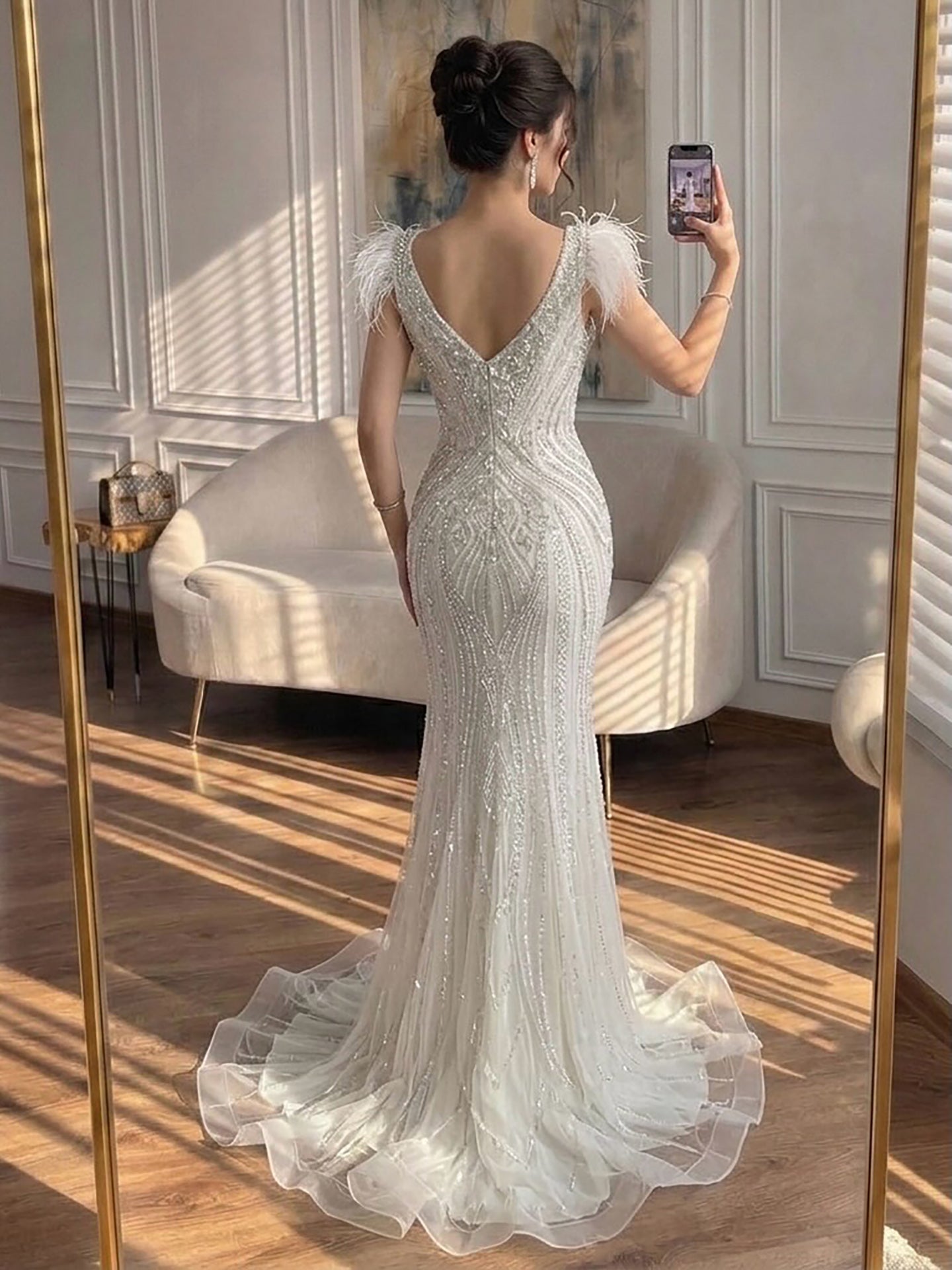 Luxury Designer  Pink Feather Beaded  Mermaid Evening Dress LA73098 SERENE HILL