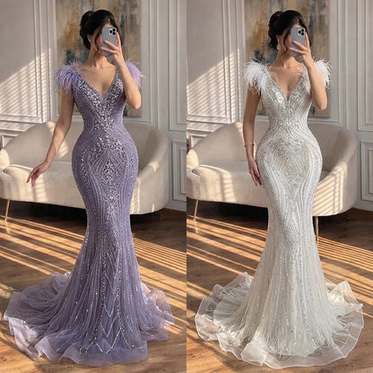 Luxury Purple Crystal Beaded Mermaid Dress with Feathers LA73098A SERENE HILL
