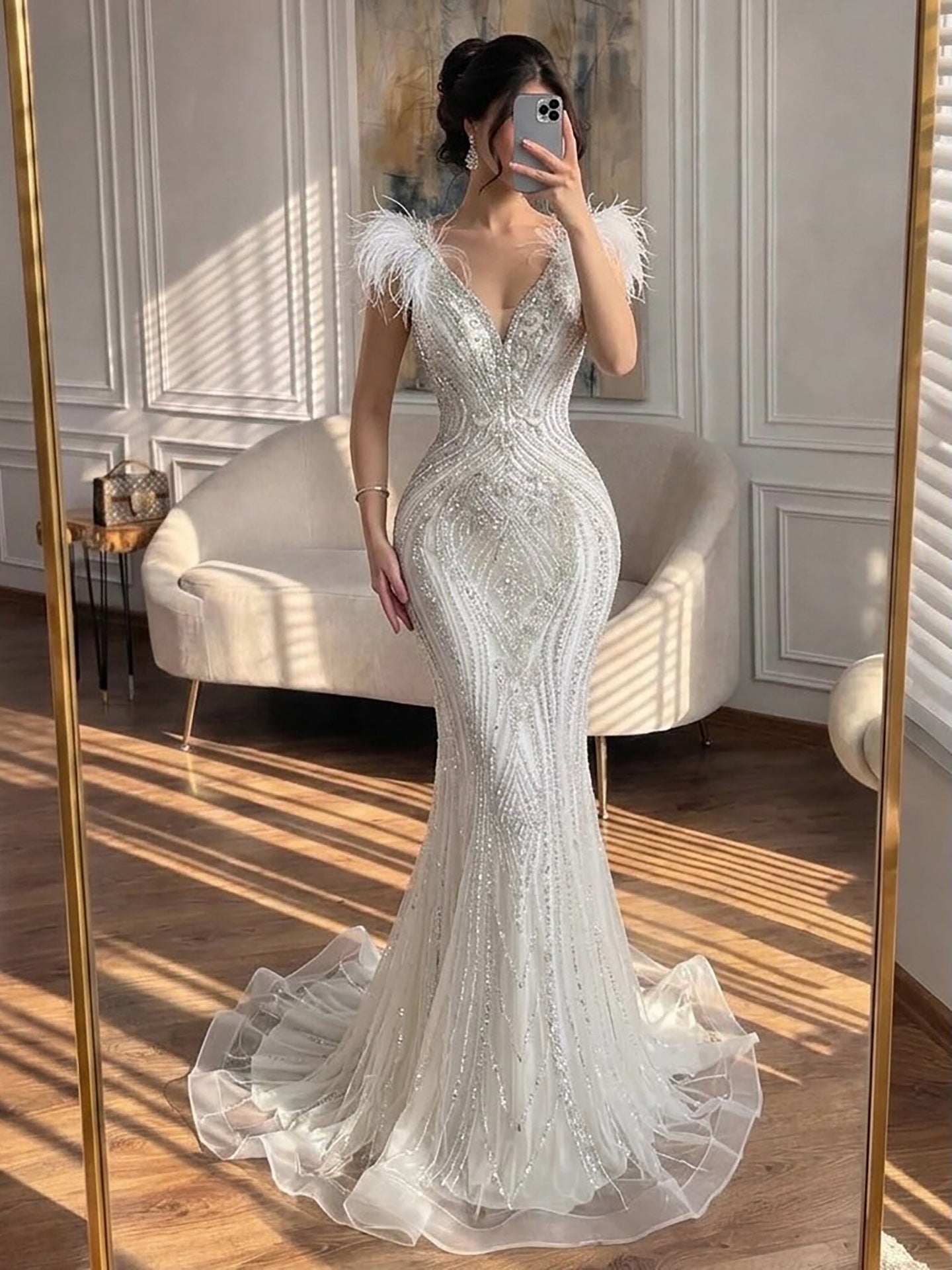 Luxury Purple Crystal Beaded Mermaid Dress with Feathers LA73098A SERENE HILL