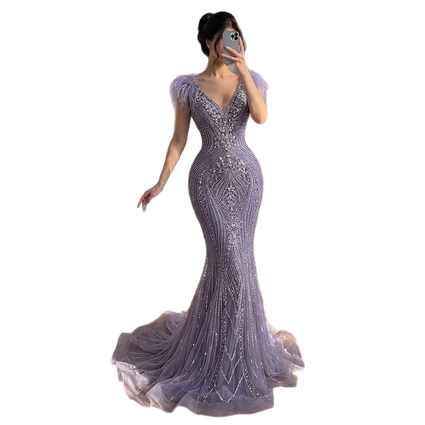 Luxury Purple Crystal Beaded Mermaid Dress with Feathers LA73098A SERENE HILL