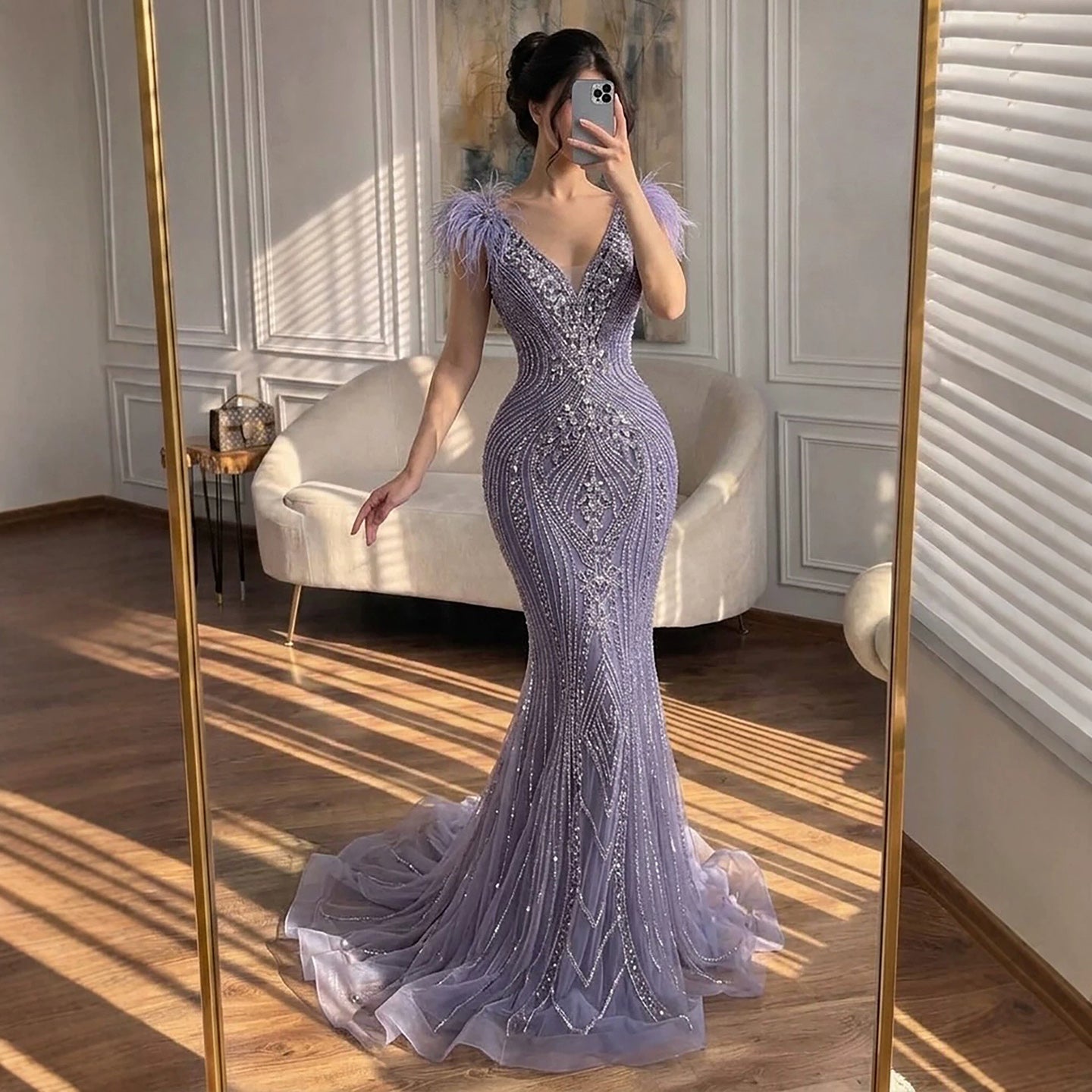 Luxury Purple Crystal Beaded Mermaid Dress with Feathers LA73098A SERENE HILL