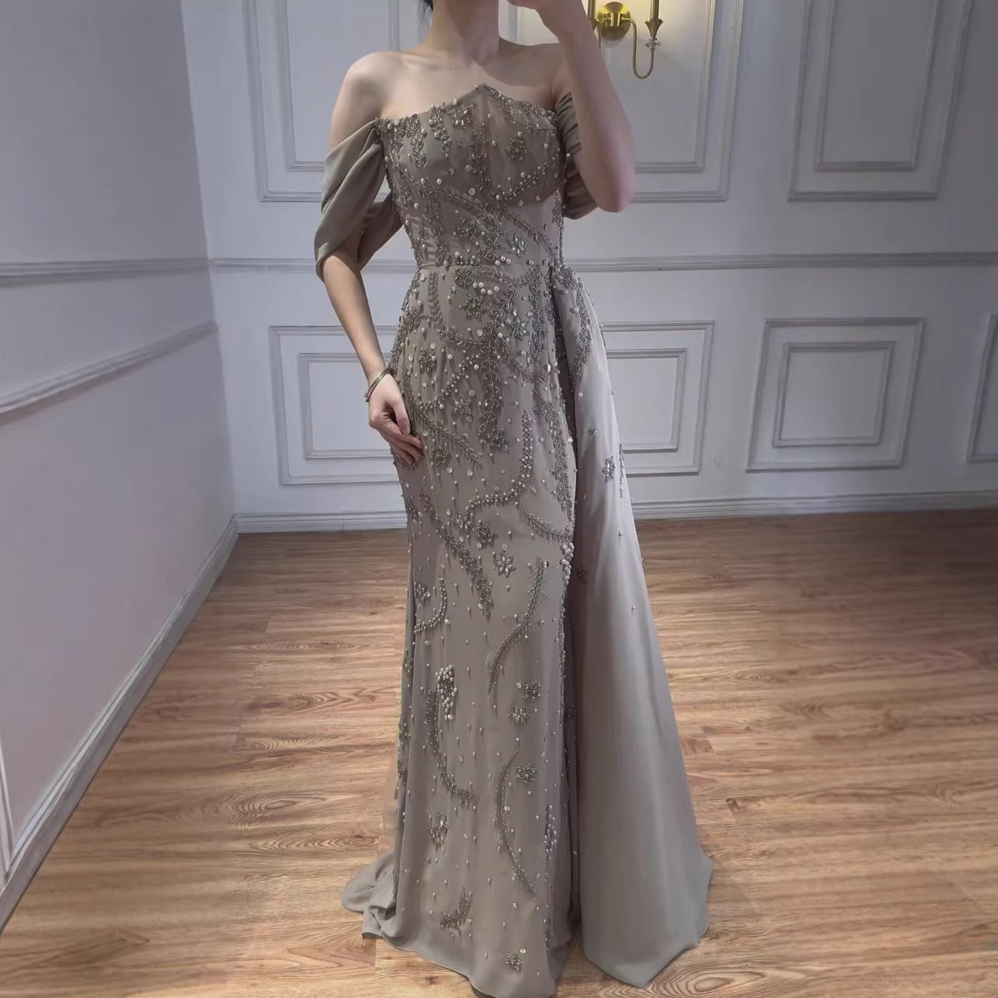 Luxury Nude Off Shoulder Pearl Beaded Mermaid Evening Dress with Overskirt LA73109 - SERENE  HILL