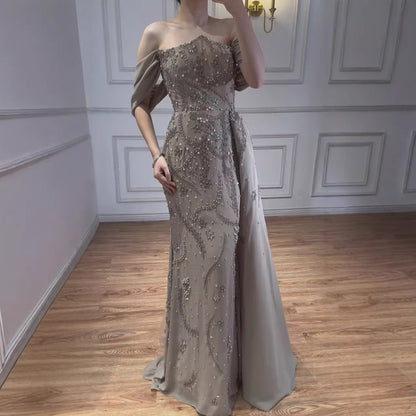 Luxury Nude Off Shoulder Pearl Beaded Mermaid Evening Dress with Overskirt LA73109 - SERENE  HILL