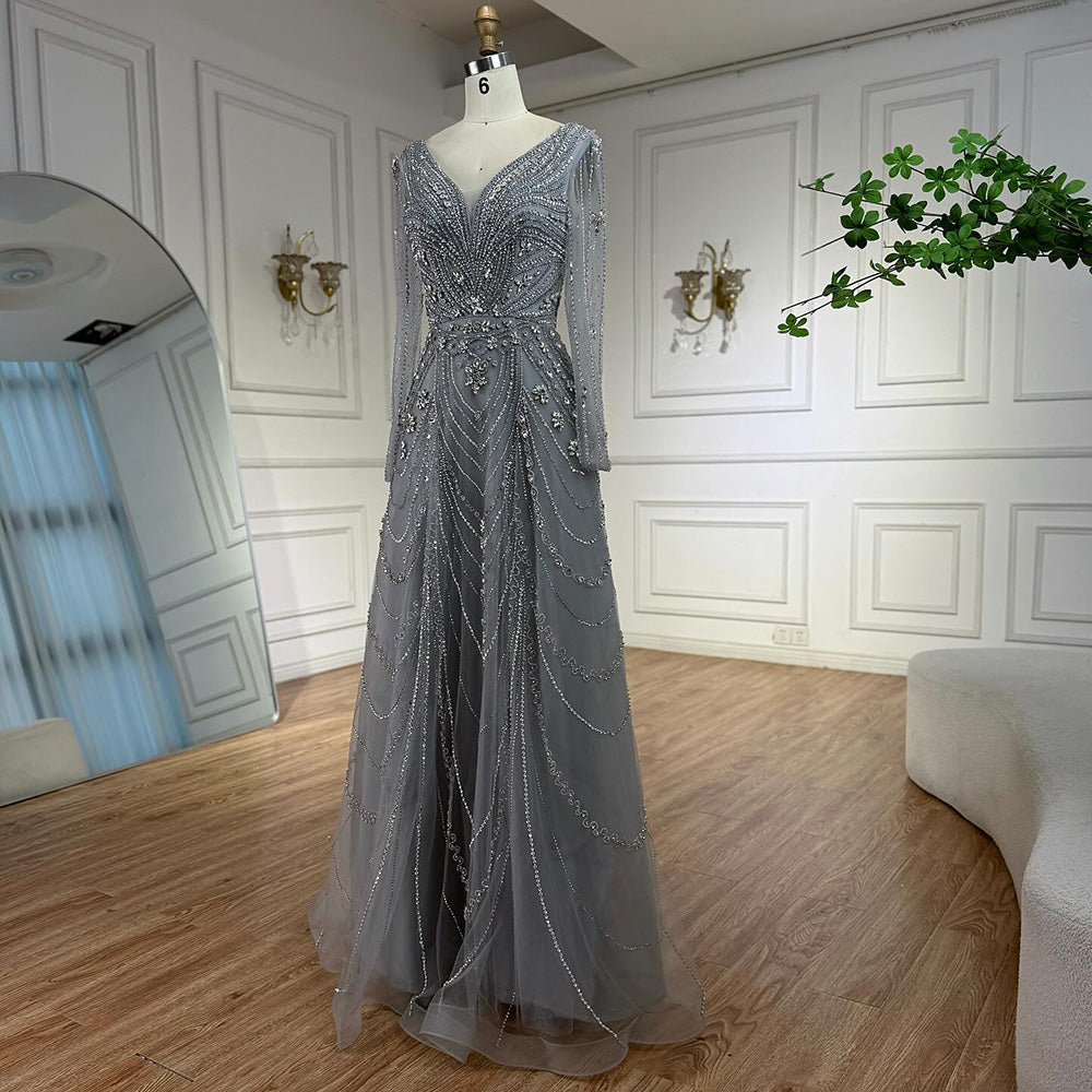 Luxury Pink Beaded A-Line Evening Dress with V Neck &amp; Long Sleeves LA73114