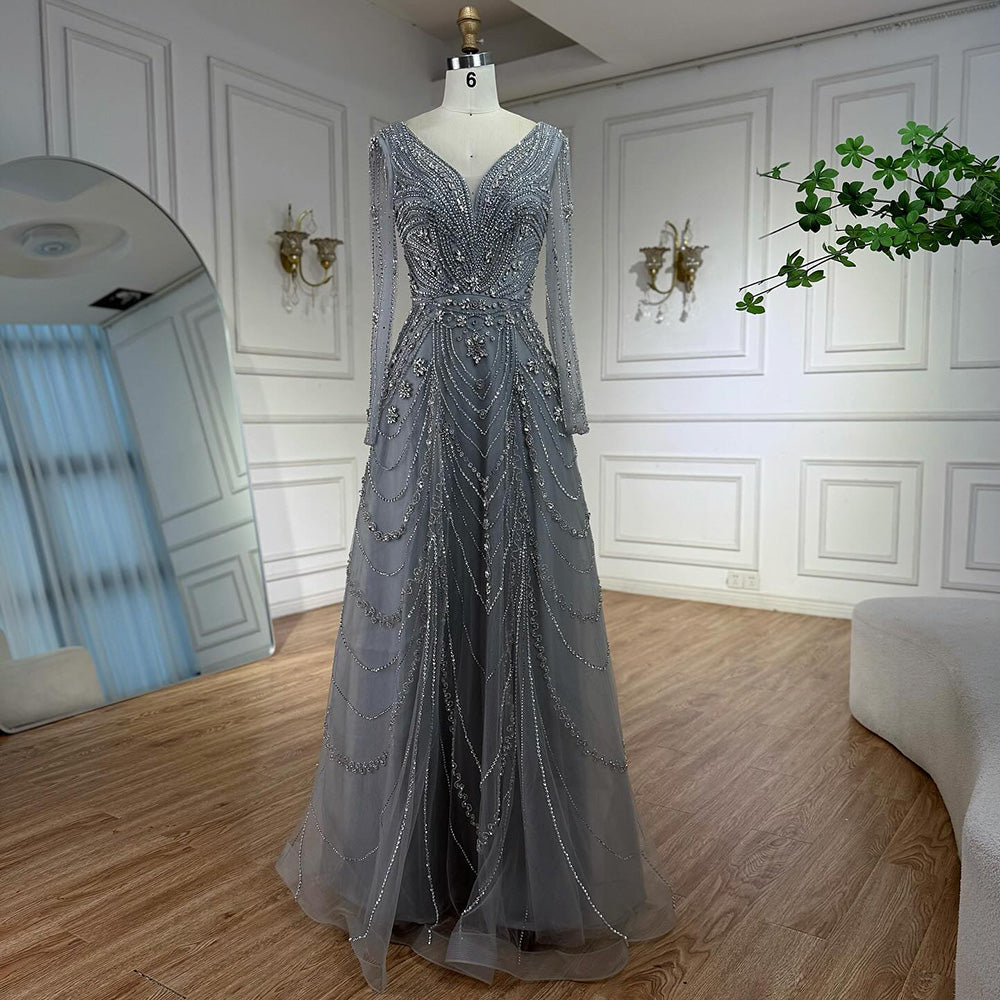 Luxury Pink Beaded A-Line Evening Dress with V Neck &amp; Long Sleeves LA73114