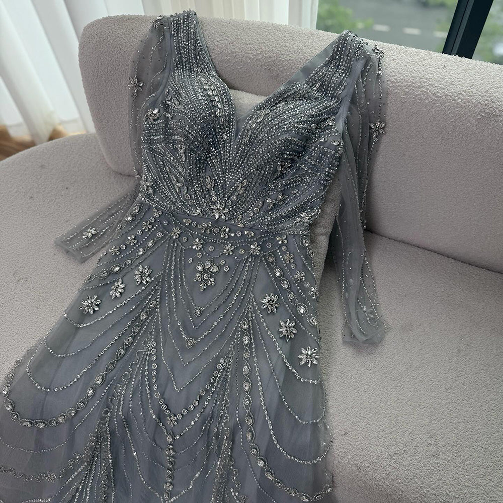 Luxury Pink Beaded A-Line Evening Dress with V Neck &amp; Long Sleeves LA73114
