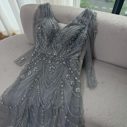 Luxury Pink Beaded A-Line Evening Dress with V Neck &amp; Long Sleeves LA73114