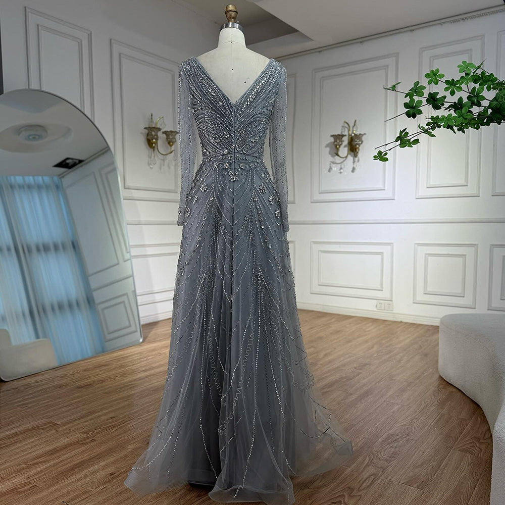 Luxury Pink Beaded A-Line Evening Dress with V Neck &amp; Long Sleeves LA73114