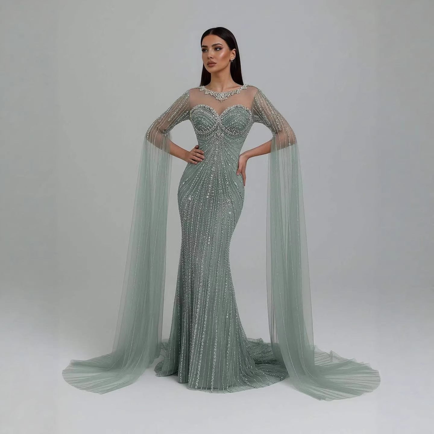 Serene Hill Luxury Nude Beaded Evening Dress With Cape LA73115A