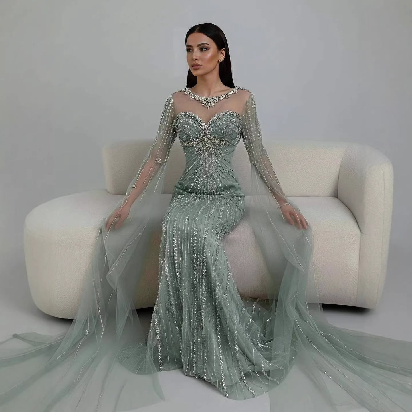 Serene Hill Luxury Nude Beaded Evening Dress With Cape LA73115A