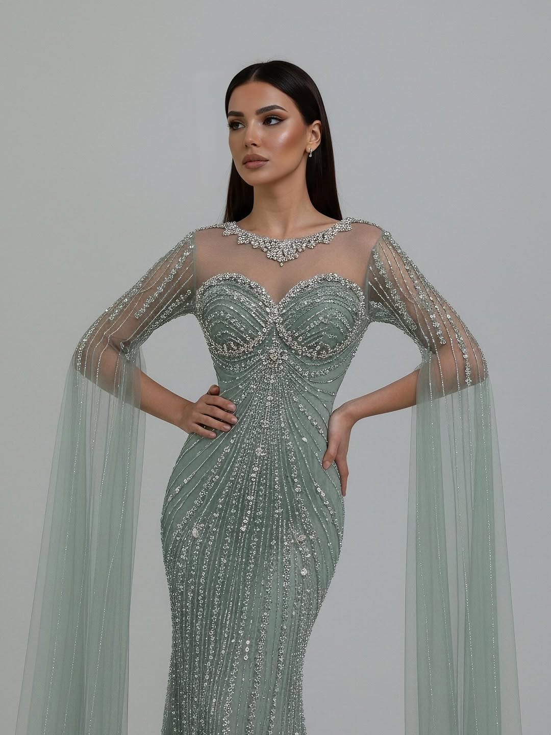 Serene Hill Luxury Nude Beaded Evening Dress With Cape LA73115A