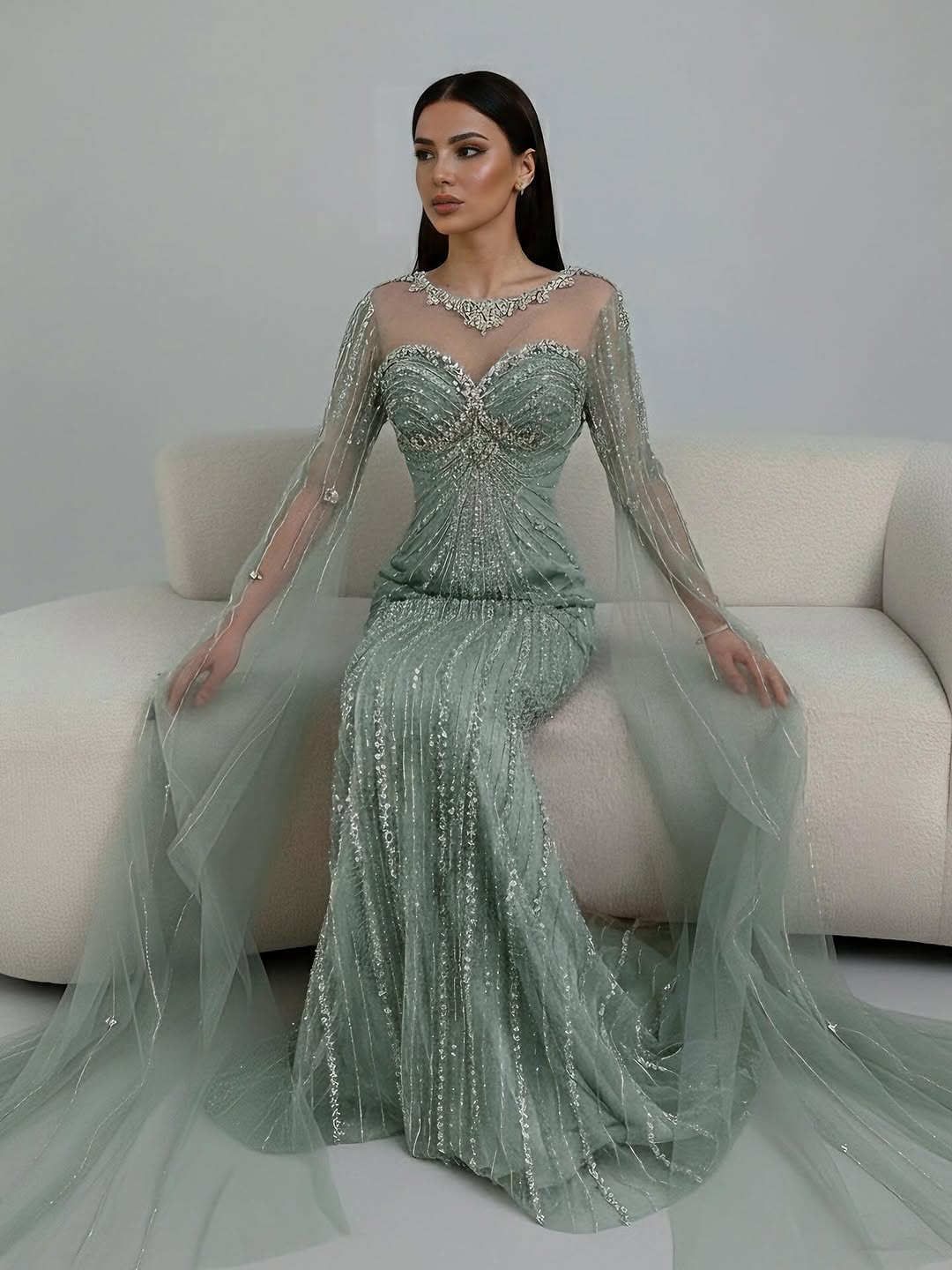 Serene Hill Luxury Nude Beaded Evening Dress With Cape LA73115A