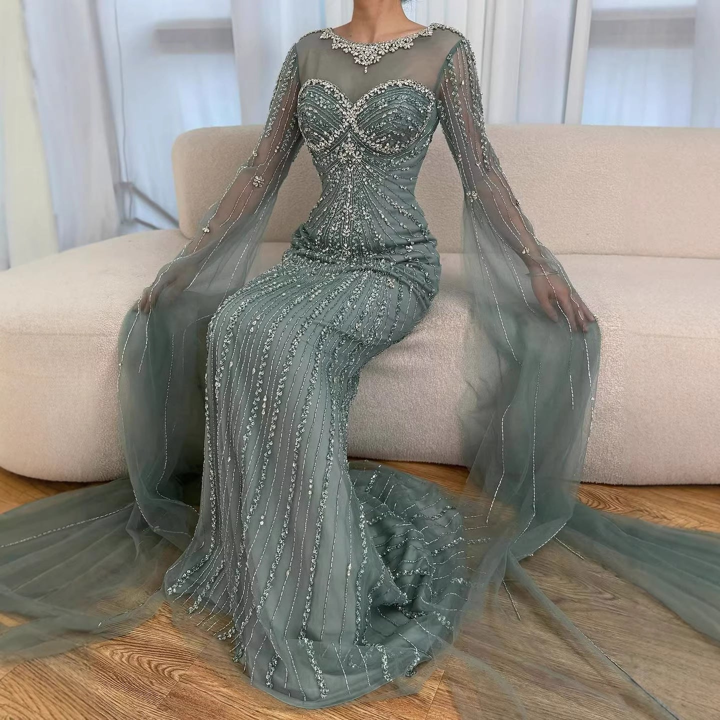 Serene Hill Luxury Nude Beaded Evening Dress With Cape LA73115A