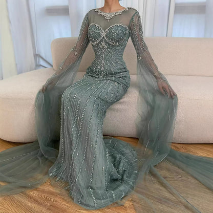 Serene Hill Luxury Nude Beaded Evening Dress With Cape LA73115A