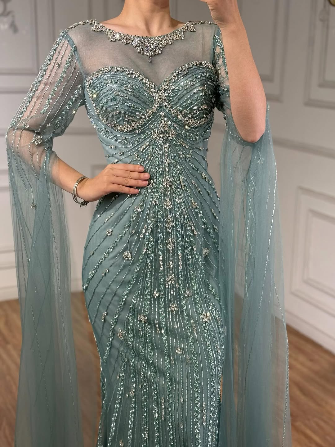 Serene Hill Luxury Nude Beaded Evening Dress With Cape LA73115A