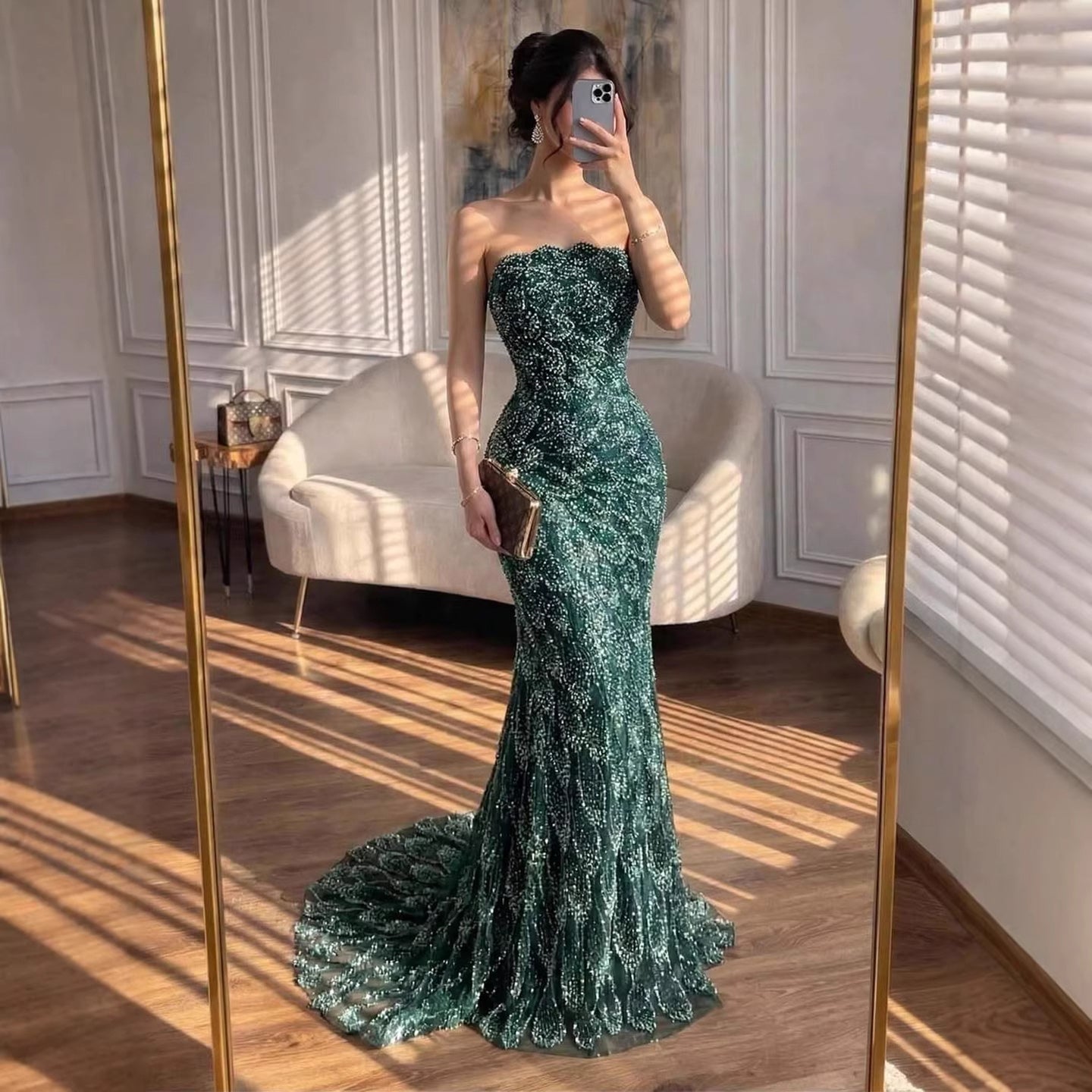Luxury Green Strapless Beaded Mermaid Evening Dress LA73117A - SERENE  HILL