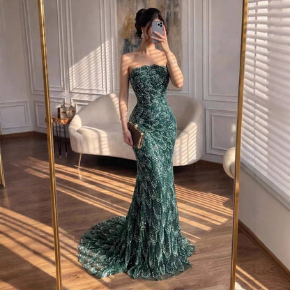 Luxury Green Strapless Beaded Mermaid Evening Dress LA73117A - SERENE  HILL