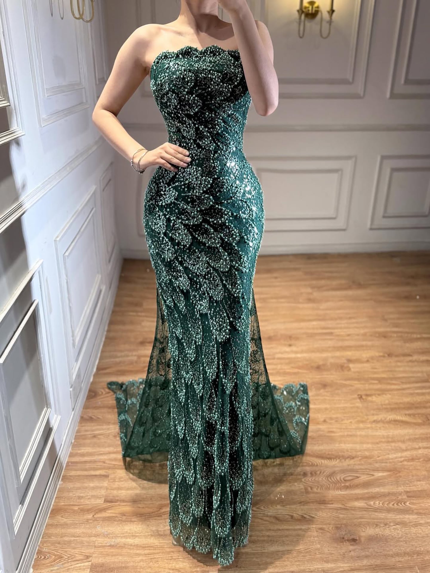 Luxury Green Strapless Beaded Mermaid Evening Dress LA73117A - SERENE  HILL