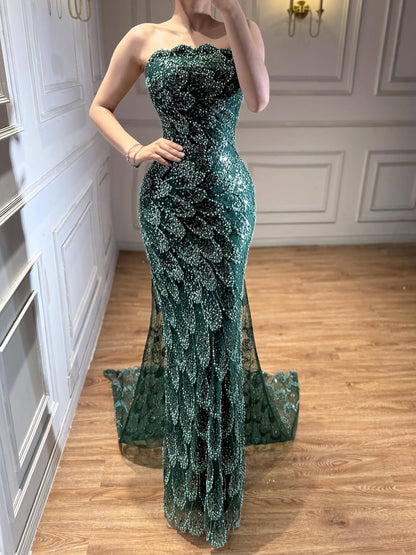 Luxury Green Strapless Beaded Mermaid Evening Dress LA73117A - SERENE  HILL