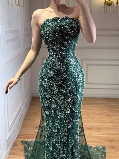 Luxury Green Strapless Beaded Mermaid Evening Dress LA73117A - SERENE  HILL
