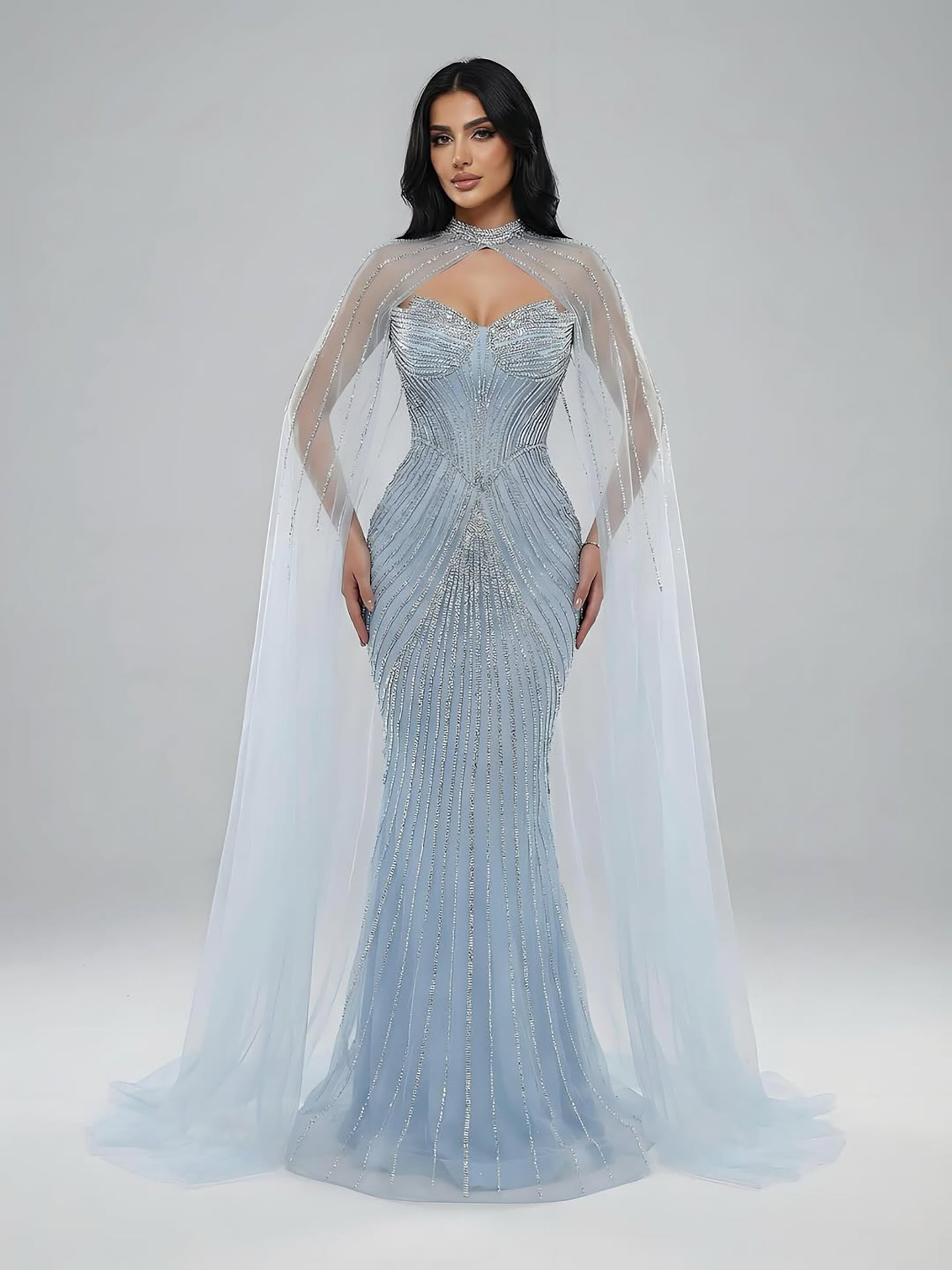 Luxury Nude Mermaid Evening Dress with Cape Sleeves LA73118