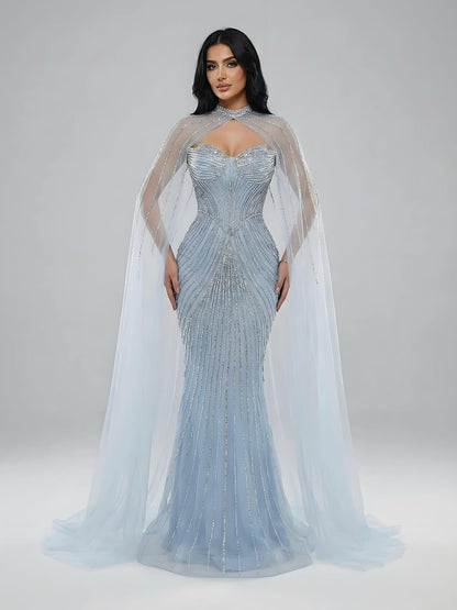 Luxury Nude Mermaid Evening Dress with Cape Sleeves LA73118
