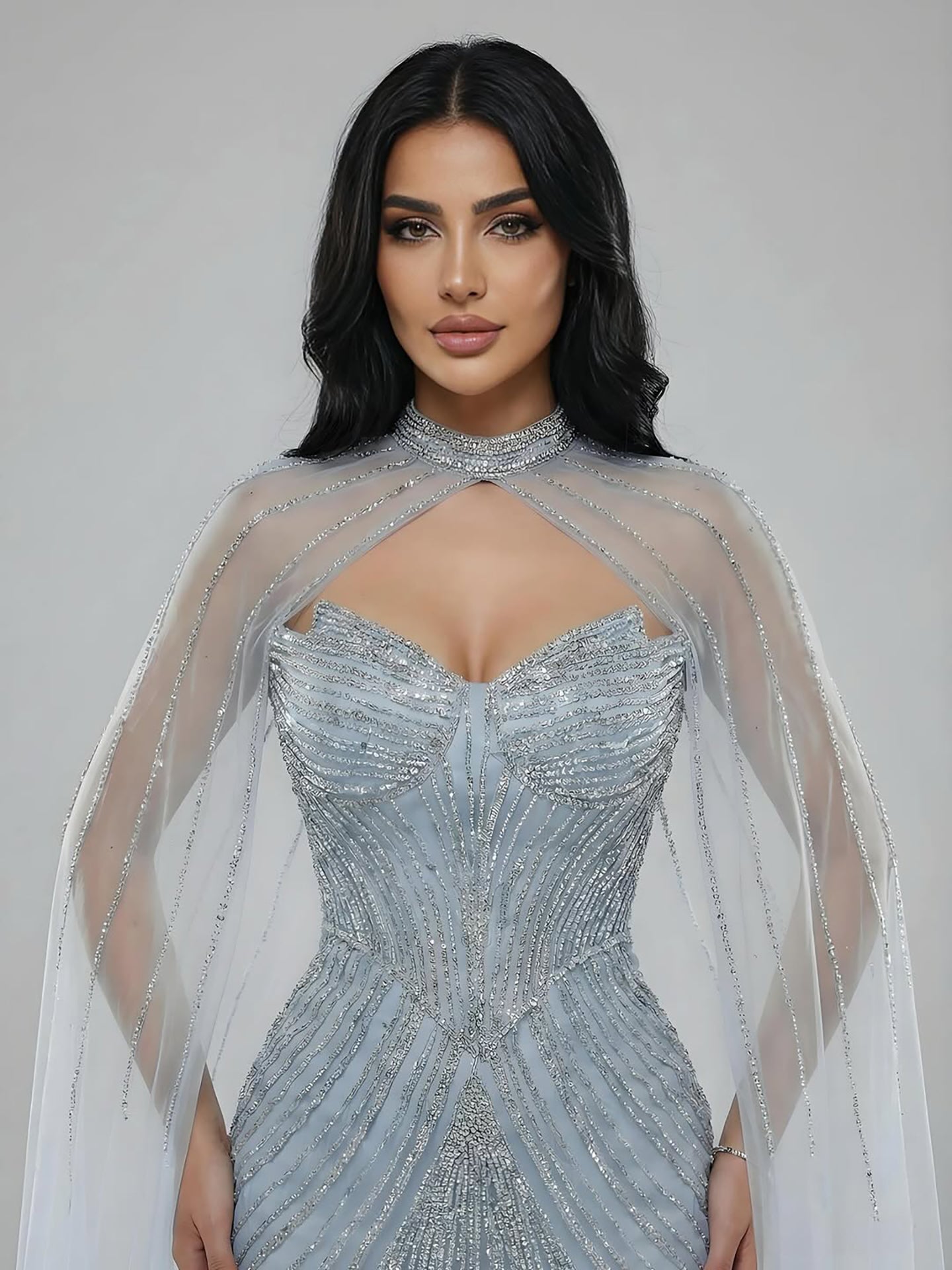 Luxury Nude Mermaid Evening Dress with Cape Sleeves LA73118